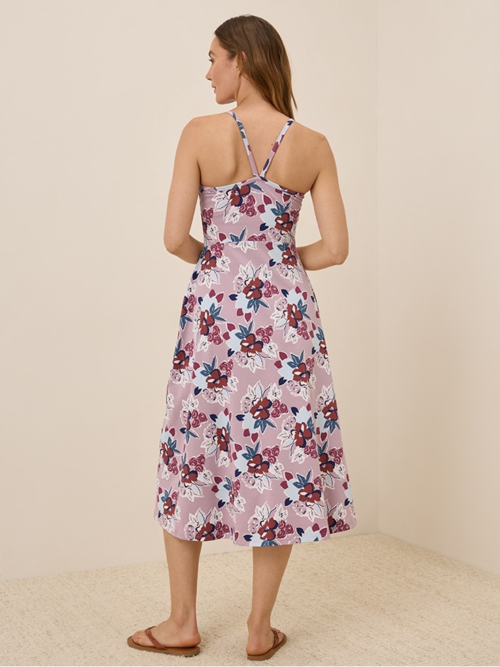 Pact Organic Fit & Flare Midi Dress Fresh Flora Lavender Haze - Picture 2 of 4